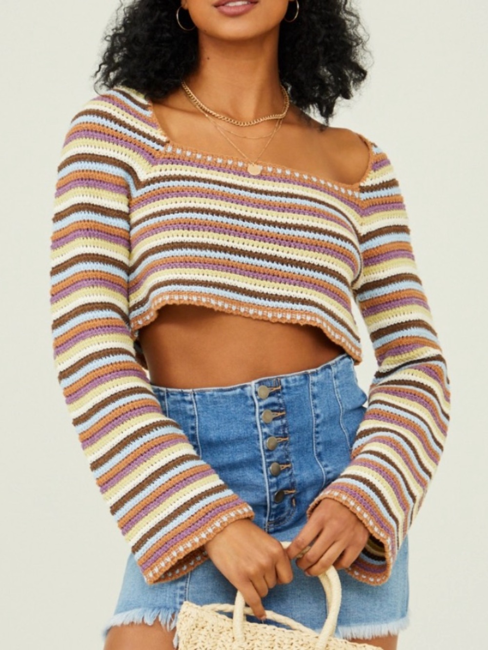 Altar'd State Cropped Off-the-Shoulder Stripe Crochet Sweater in Multicolor